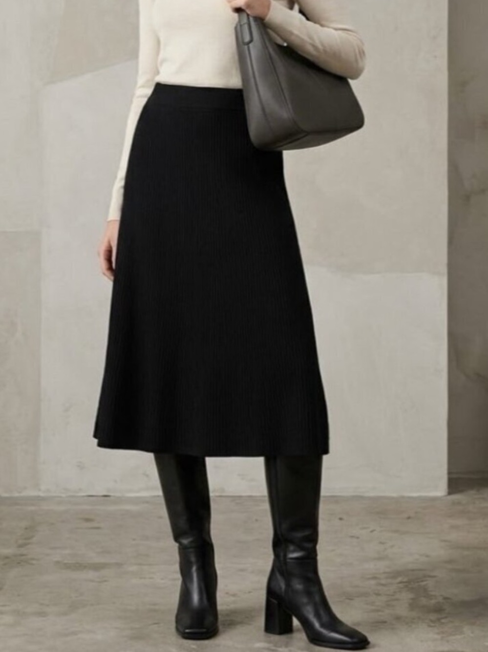 NEW ZARA Black Ribbed Knit Midi Skirt Elastic Waist Minimalist A-Line Size SMALL